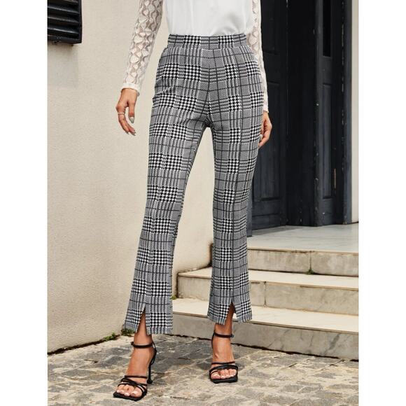 Women's Split Hem Plaid Black and White Pants Size M - Picture 1 of 5